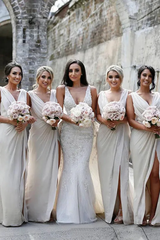 Kerli | Ivory Sheath Chiffon Ruched Long Bridesmaid Dress with Slit sold by KissProm