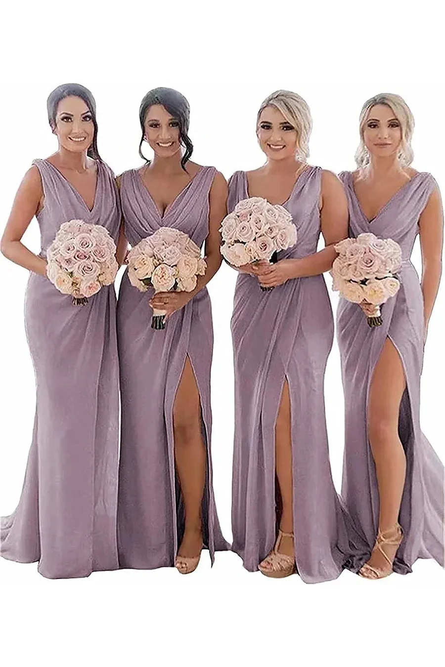 Ivory Sheath Chiffon Ruched Long Bridesmaid Dress with Slit sold by KissProm product image thumbnail 5