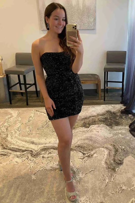 Fitted Strapless Black Sequined Mini Homecoming Dress sold by KissProm