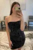 Fitted Strapless Black Sequined Mini Homecoming Dress sold by KissProm