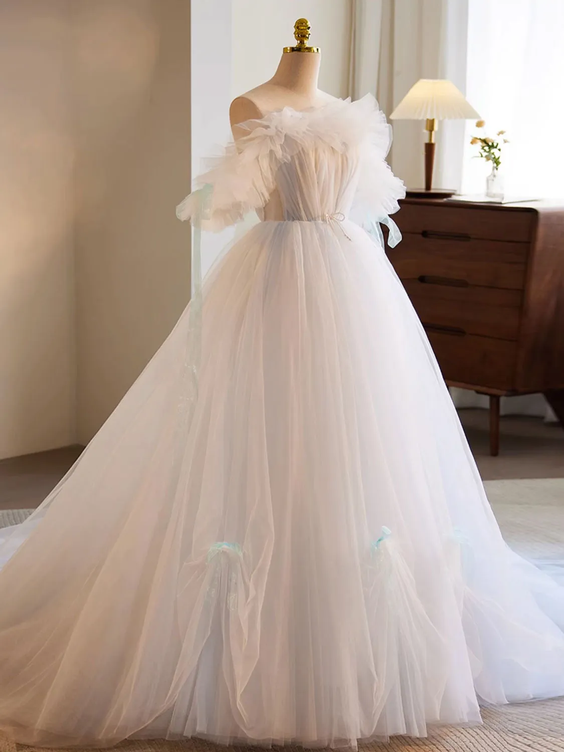 White A-Line Tulle Long Prom Dress White Formal Dress sold by KissProm