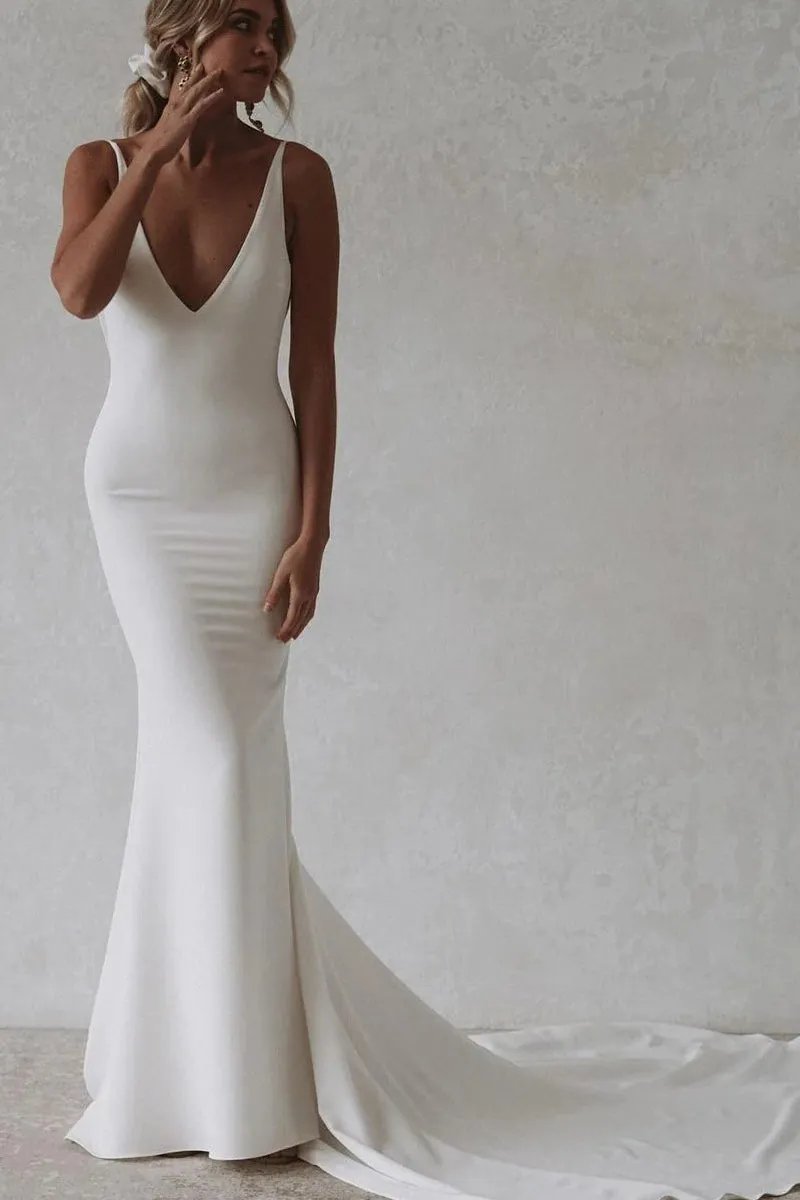 Dorian | Elegant Mermaid V-Neck Elastic Satin Long Wedding Dresses sold by KissProm