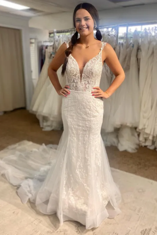 Berkley | Tulle Mermaid Spaghetti Straps White Long Wedding Dress with Appliques sold by KissProm