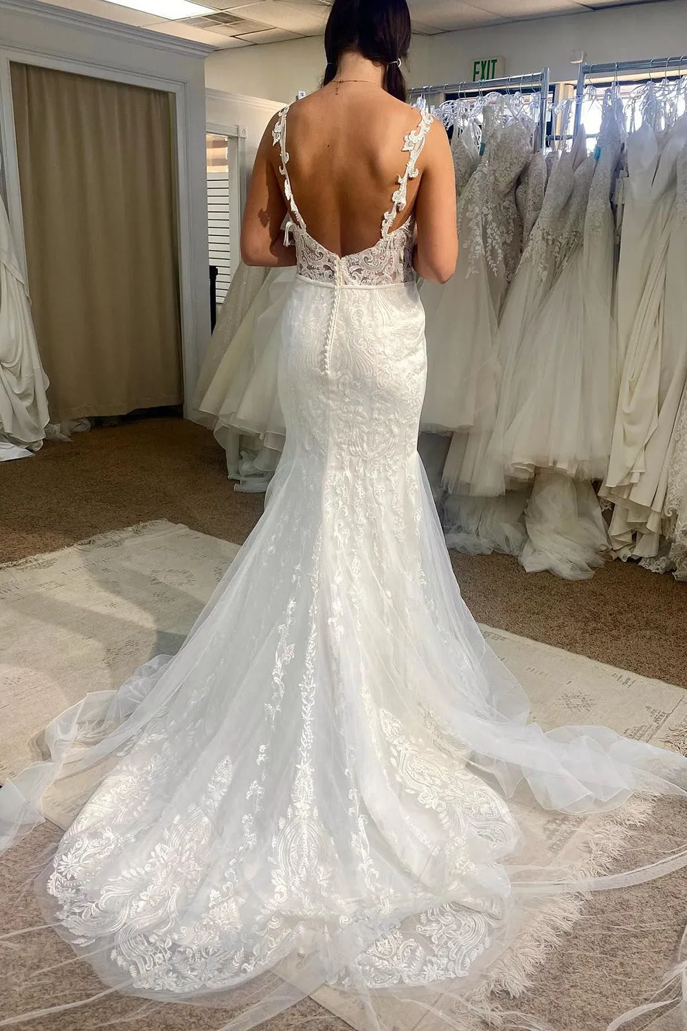 Berkley | Tulle Mermaid Spaghetti Straps White Long Wedding Dress with Appliques sold by KissProm product image thumbnail 2