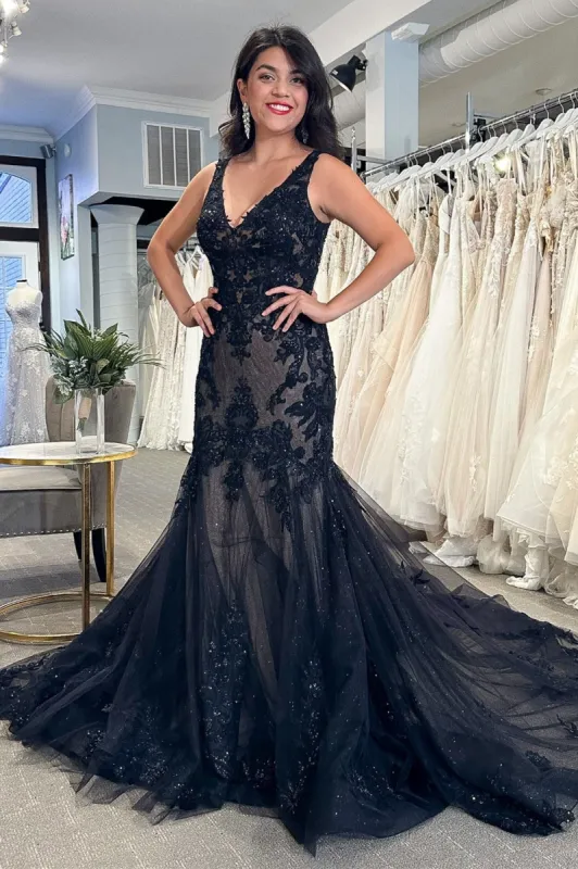 Chana | Black Tulle Appliques V-Neck Trumpet Long Wedding Dress sold by KissProm