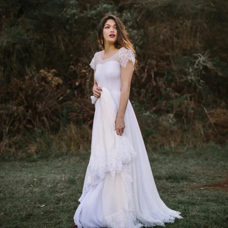 Scoop Neck Short Sleeve A-Line Chiffon Wedding Dress With Lace Hem sold by KissProm