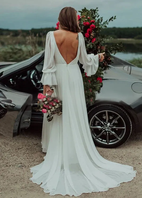 Chiffon A-Line High Slit Beach Long-Sleeve V-Neck Romantic Wedding Dresses sold by KissProm product image thumbnail 5