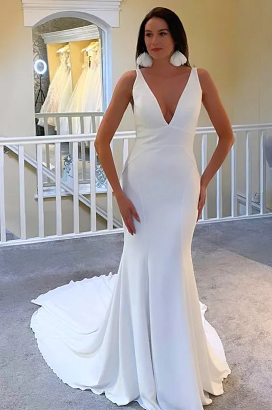 Ivory Plunge V Open Back Mermaid Long Wedding Dress sold by KissProm