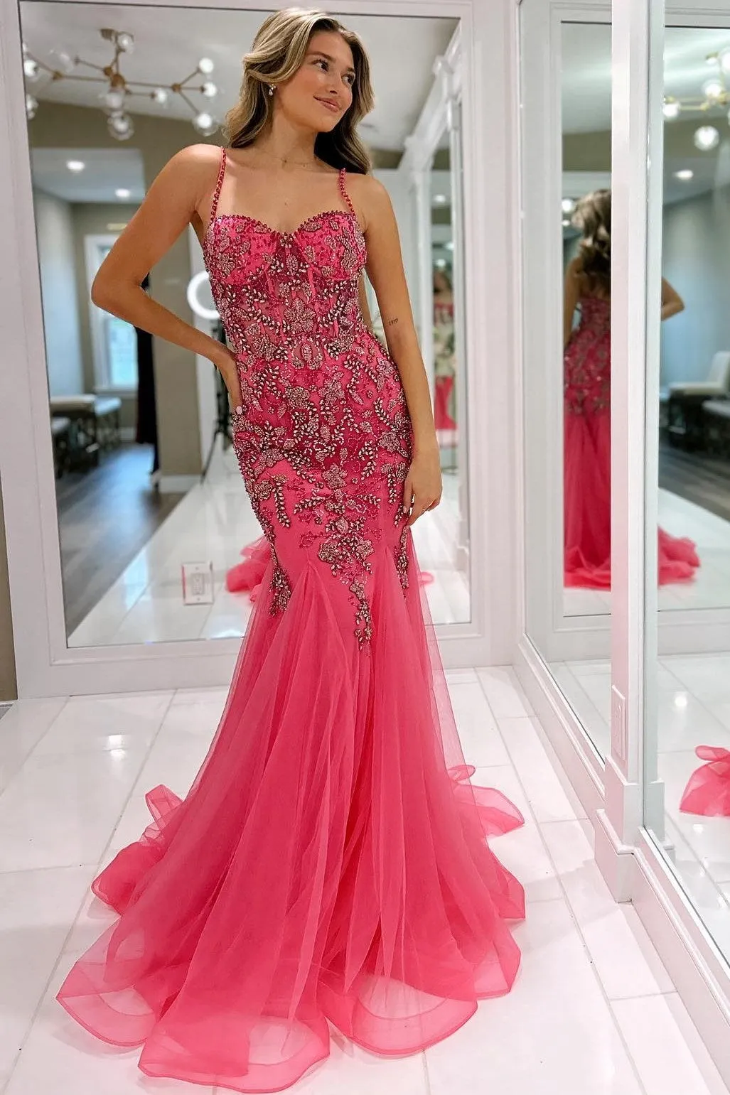 Oakleigh | Pink Beaded Spaghetti Strap Trumpet Long Gown sold by KissProm product image thumbnail 2