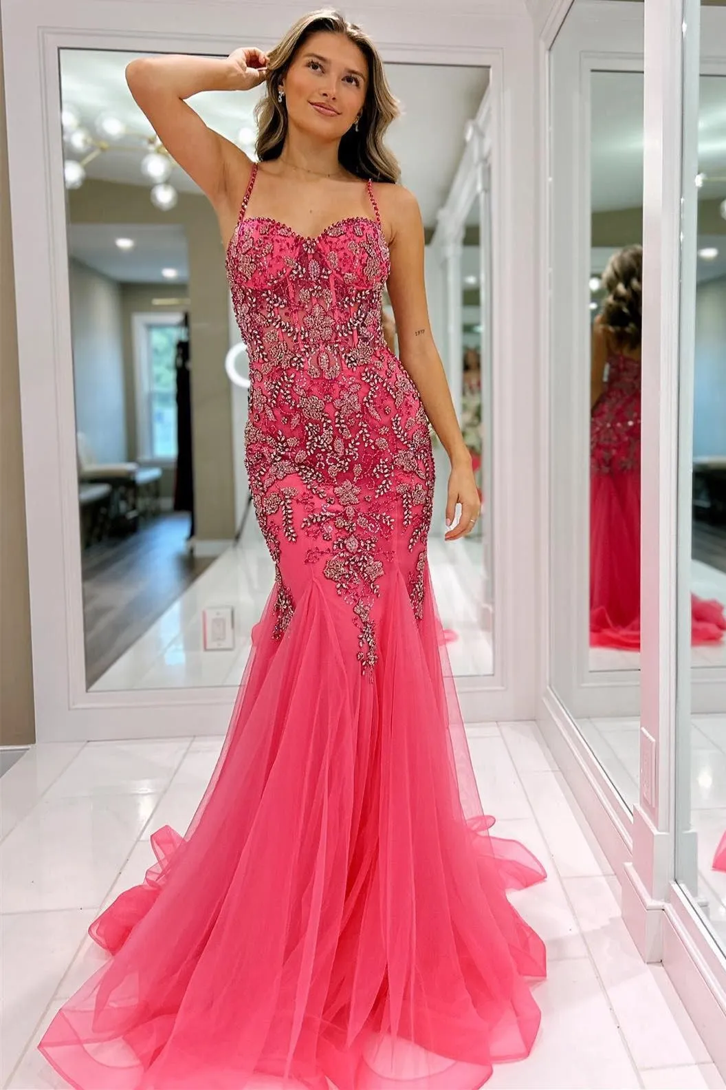 Oakleigh | Pink Beaded Spaghetti Strap Trumpet Long Gown sold by KissProm