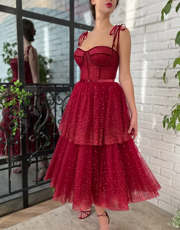 Alyson | Tulle Dark Red Glitter Homecoming Dress sold by KissProm