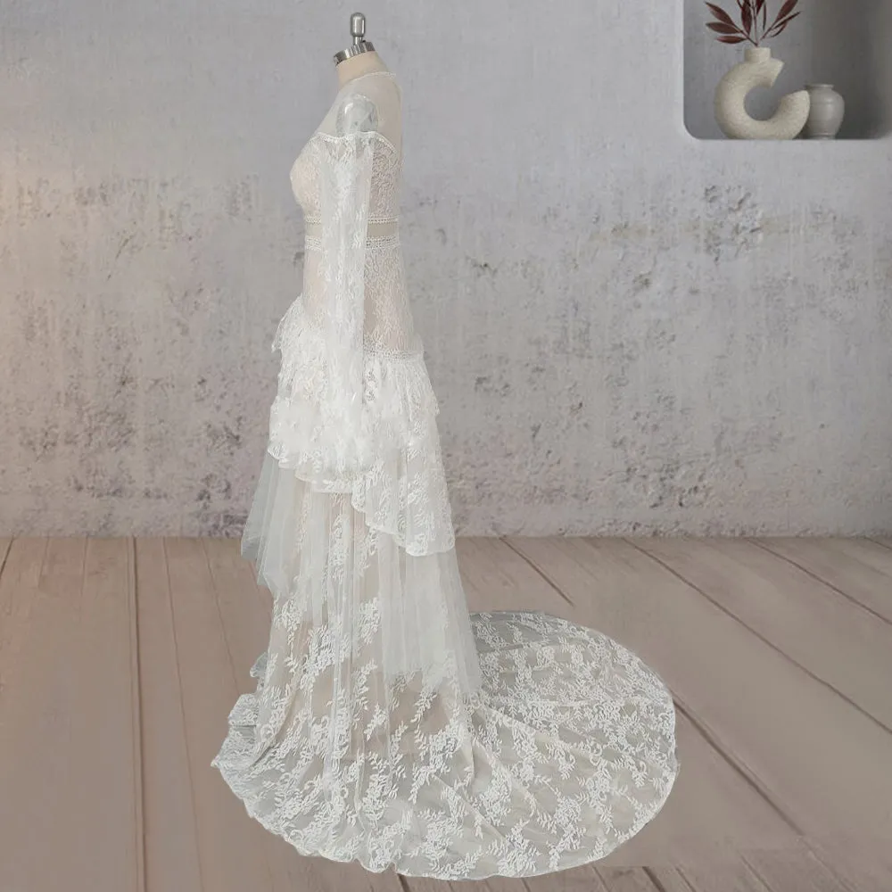 Mermaid Tiered Lace Train Boho Beach Wedding Dress sold by KissProm product image thumbnail 3