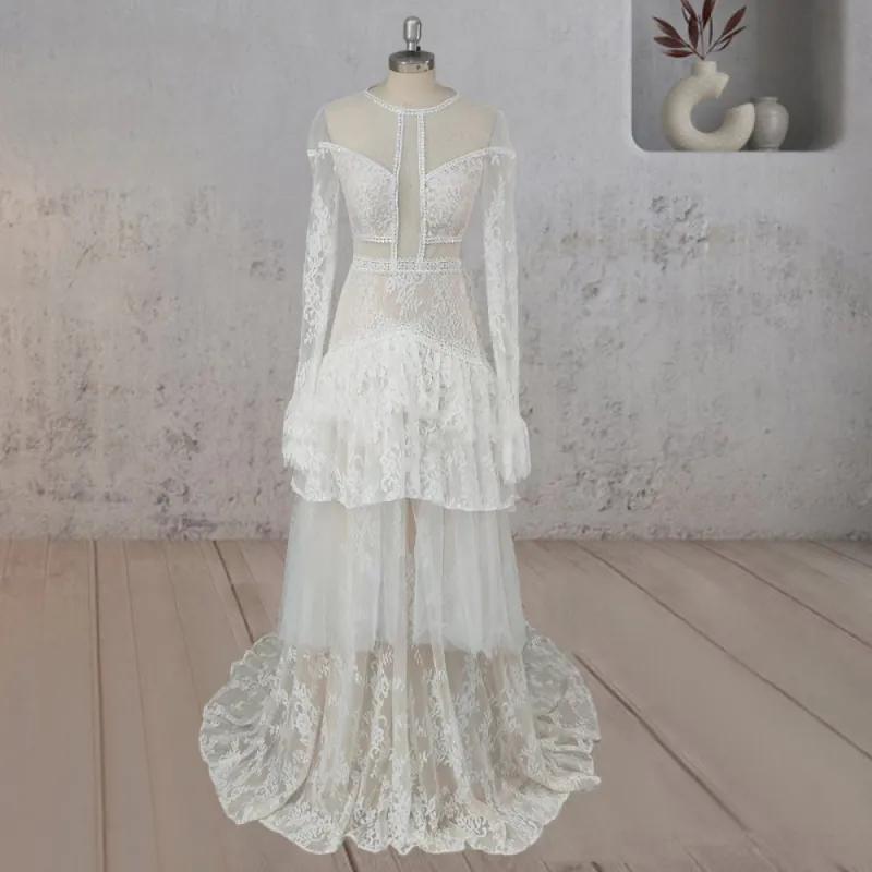 Mermaid Tiered Lace Train Boho Beach Wedding Dress sold by KissProm