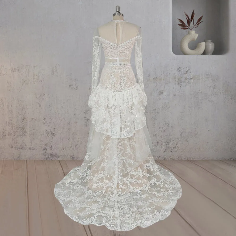 Mermaid Tiered Lace Train Boho Beach Wedding Dress sold by KissProm product image thumbnail 2