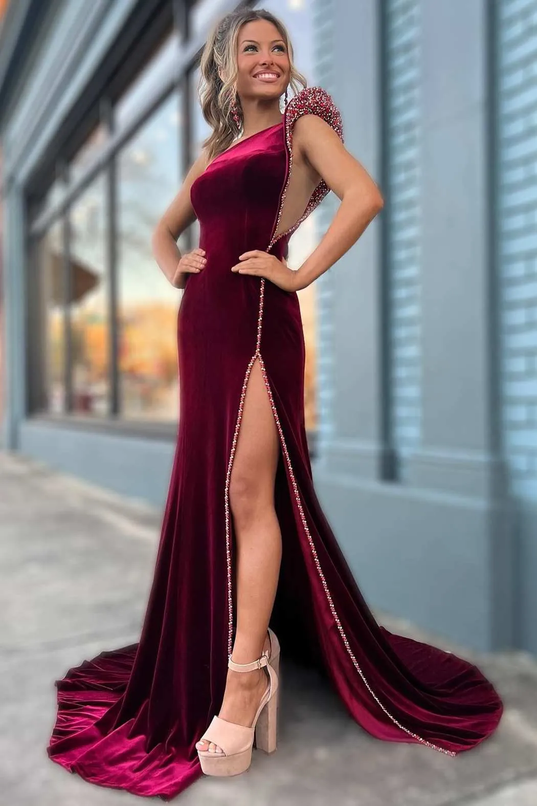 Wine Velvet Beaded One-Shoulder Long Formal Dress with Slit sold by KissProm