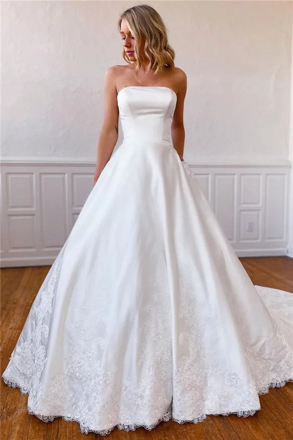 Wrenlee | Lace Appliques Long Strapless White Wedding Dress with Pockets sold by KissProm