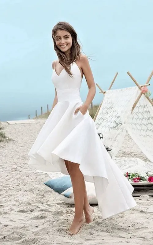 Simple High-low Spaghetti Straps Beach Wedding Dress With Ruching sold by KissProm