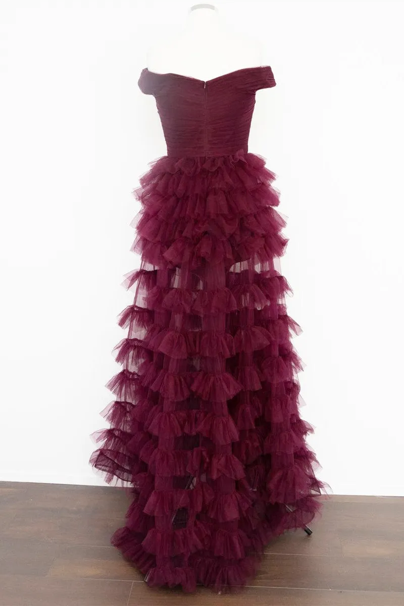 Fallon | Off the Shoulder Dark Berry Pleated Sheer Tiered Prom Dress sold by KissProm product image thumbnail 5