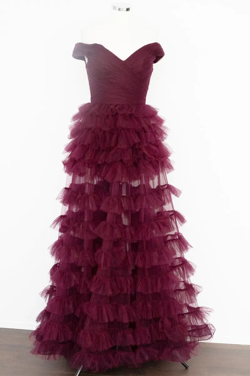 Fallon | Off the Shoulder Dark Berry Pleated Sheer Tiered Prom Dress sold by KissProm product image thumbnail 3