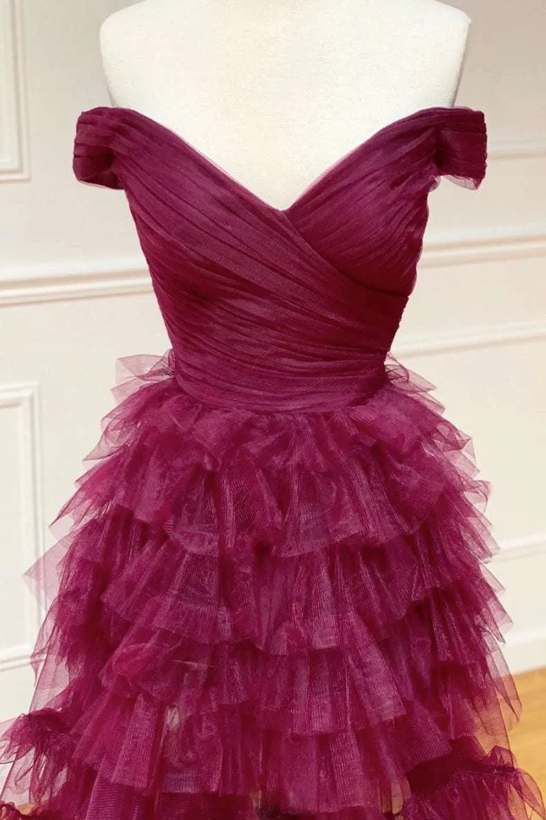 Fallon | Off the Shoulder Dark Berry Pleated Sheer Tiered Prom Dress sold by KissProm product image thumbnail 2