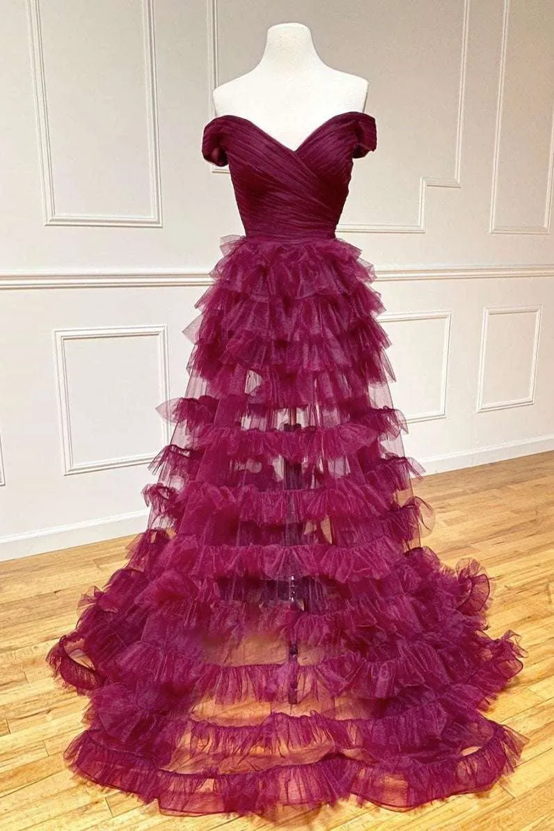 Fallon | Off the Shoulder Dark Berry Pleated Sheer Tiered Prom Dress sold by KissProm