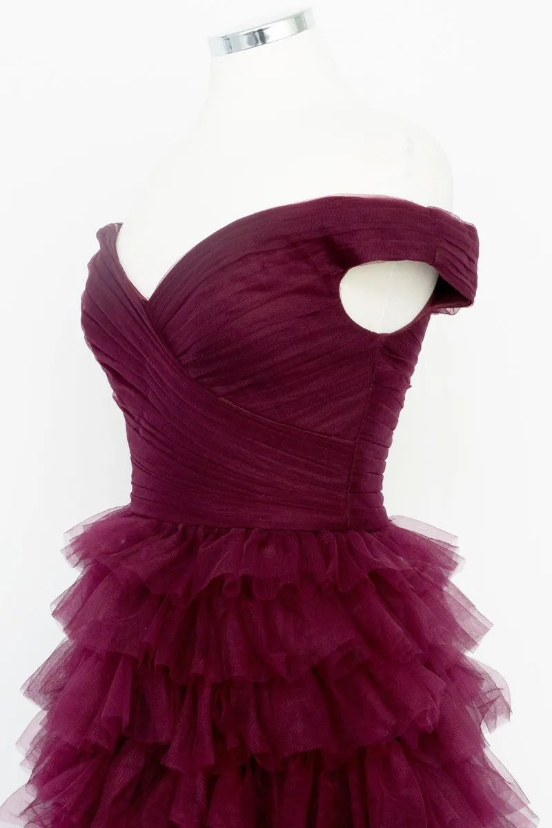 Fallon | Off the Shoulder Dark Berry Pleated Sheer Tiered Prom Dress sold by KissProm product image thumbnail 4