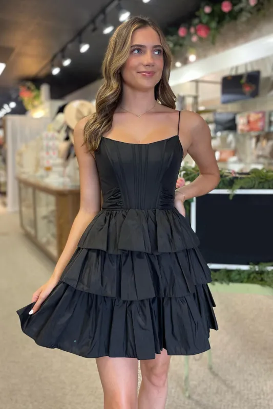 Ivilia | Black Spaghetti Straps Satin A-Line Ruffled Short Corset Homecoming Dress with Bow sold by KissProm