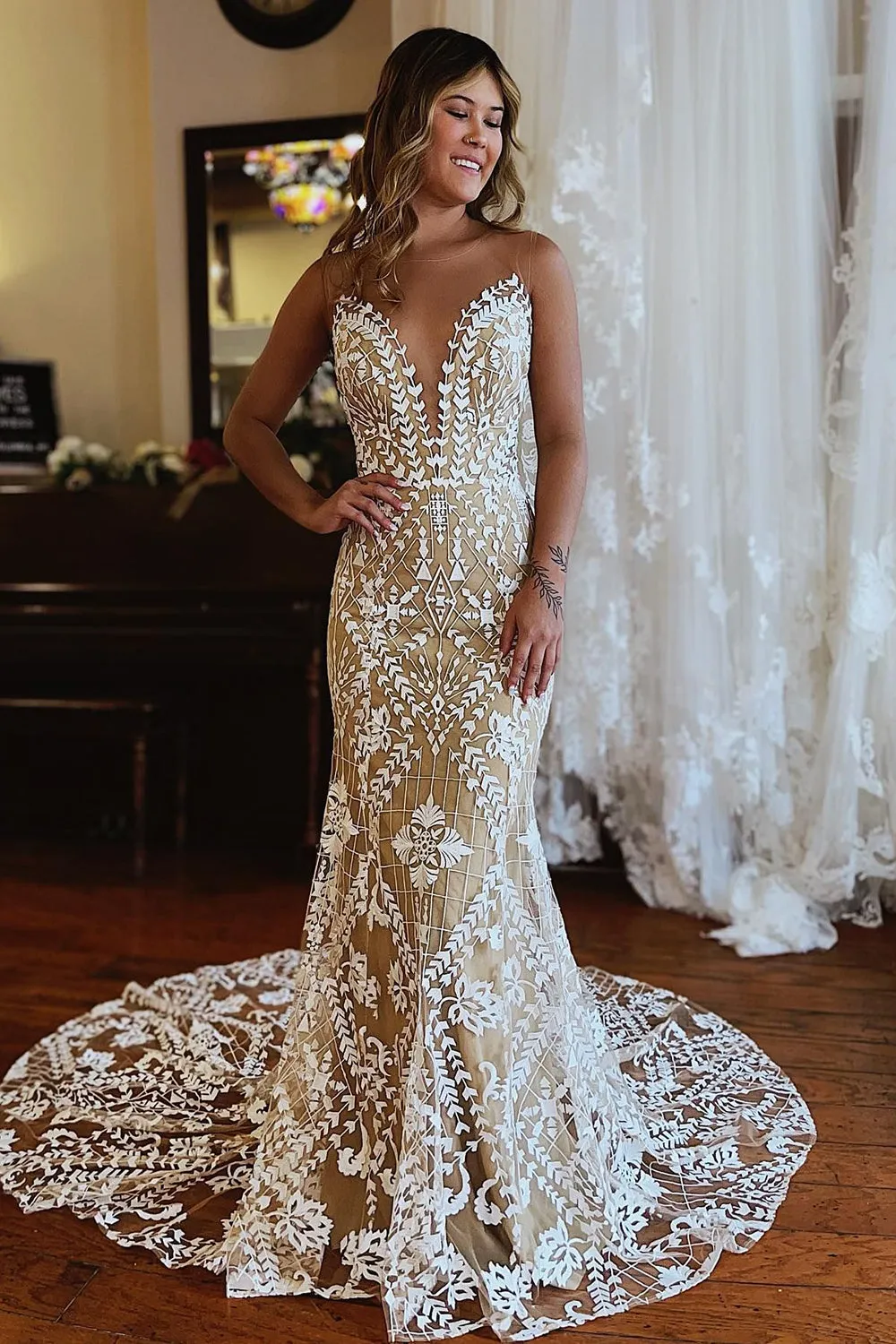 Kori | Champagne Illusion Boat Neck Mermaid Long Lace Wedding Dress sold by KissProm
