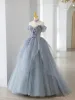 Smoke Gray Ball Gown Off The Shoulder Lace-Up Back Quinceanera Dress sold by KissProm