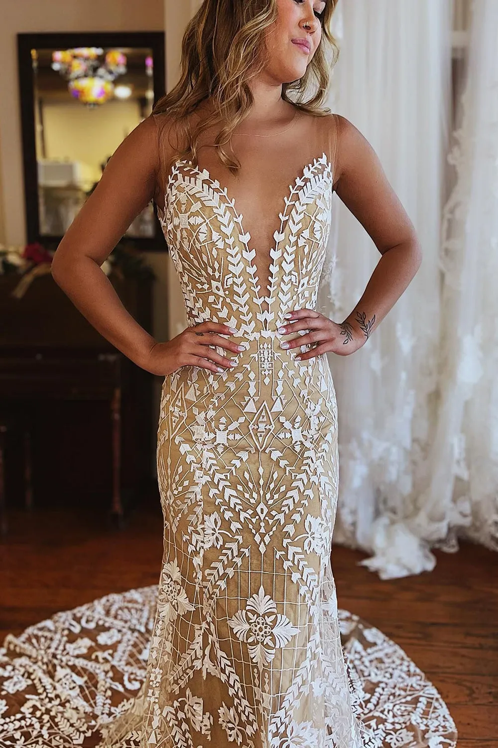 Kori | Champagne Illusion Boat Neck Mermaid Long Lace Wedding Dress sold by KissProm product image thumbnail 3