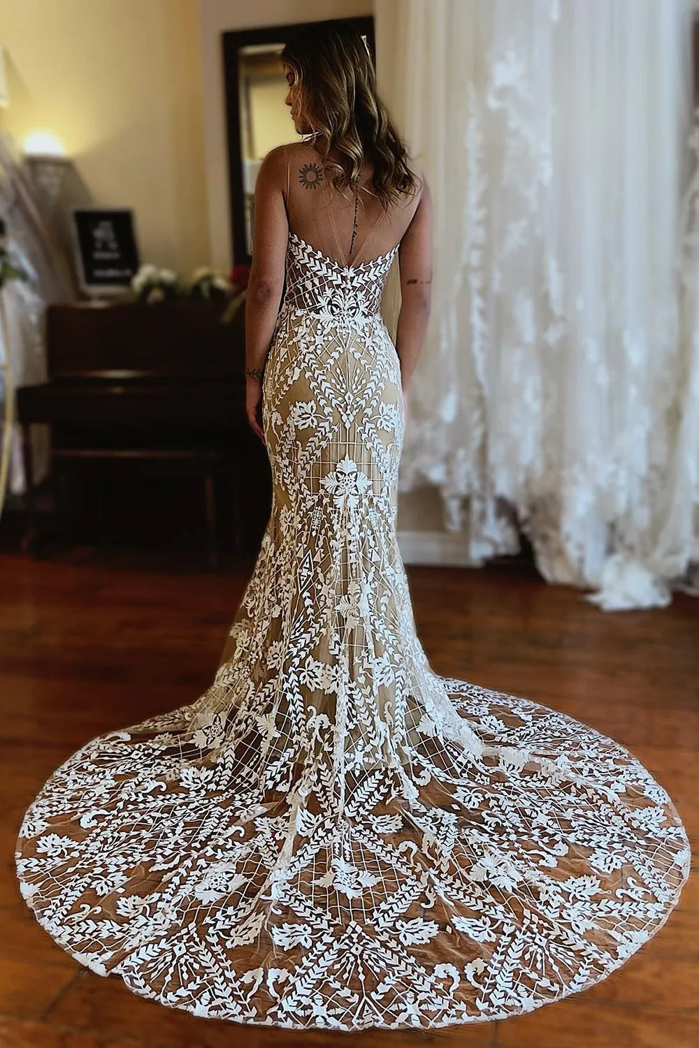 Kori | Champagne Illusion Boat Neck Mermaid Long Lace Wedding Dress sold by KissProm product image thumbnail 2