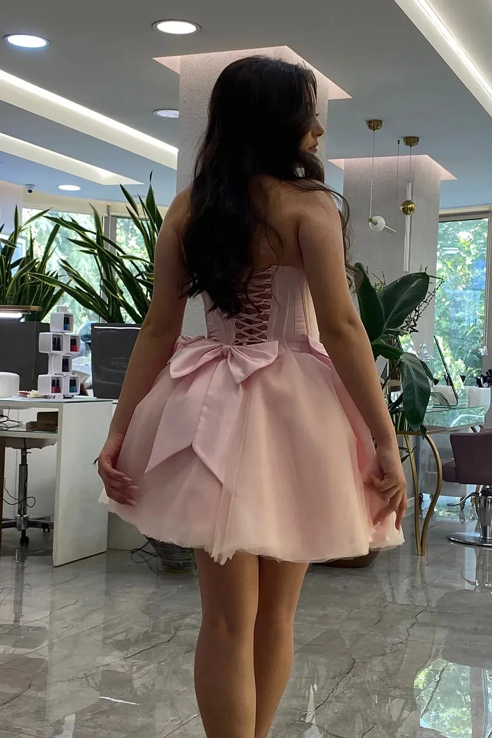 Pink Strapless Tulle A-Line Short Corset Homecoming Dress with Bow sold by KissProm product image thumbnail 2