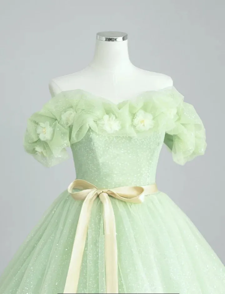 A-Line Off Shoulder Tulle Sage Green Long Prom Dresses sold by KissProm product image thumbnail 2