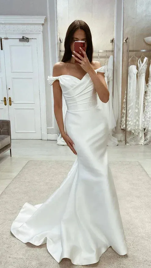 Natalia | Chic Satin Mermaid Off-Shoulder Ruched With Train Beach Wedding Dress sold by KissProm