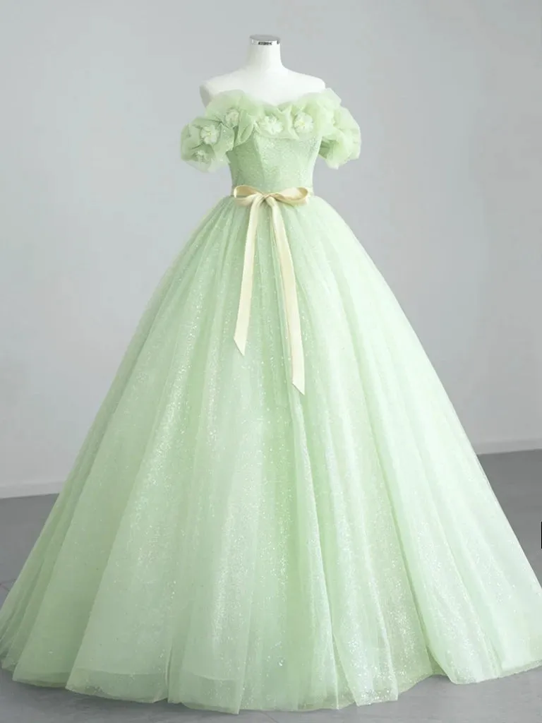 A-Line Off Shoulder Tulle Sage Green Long Prom Dresses sold by KissProm