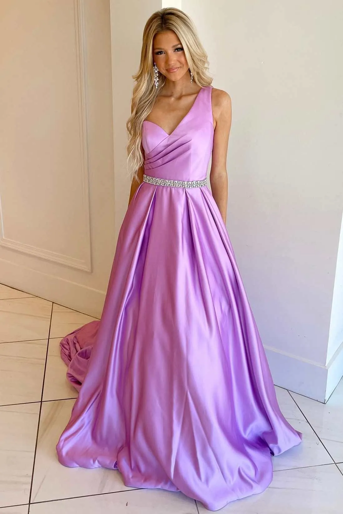 Asymmetrical Lilac Belted A-Line Prom Dress sold by KissProm