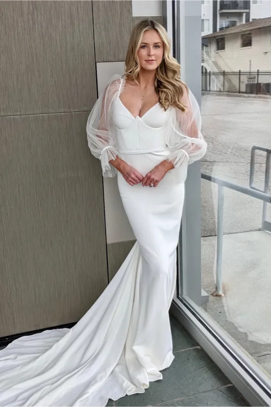 White Illusion Bell Sleeves V Neck Mermaid Long Wedding Dress sold by KissProm