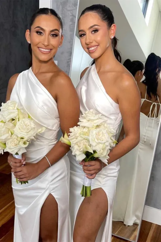 White One-Shoulder Tie-Back Long Bridesmaid Dress with Slit sold by KissProm