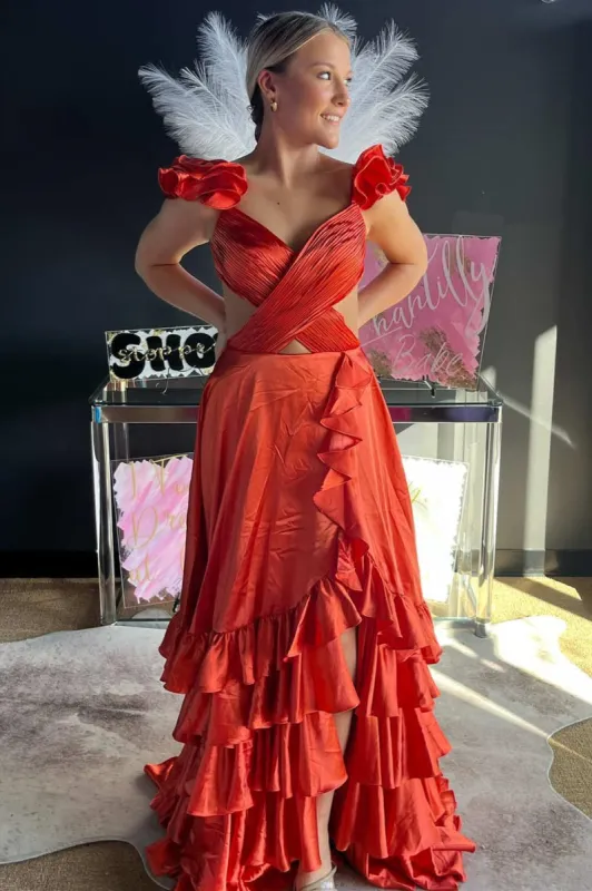 Red Cutout Ruffle A-Line Long Prom Dress with Slit sold by KissProm
