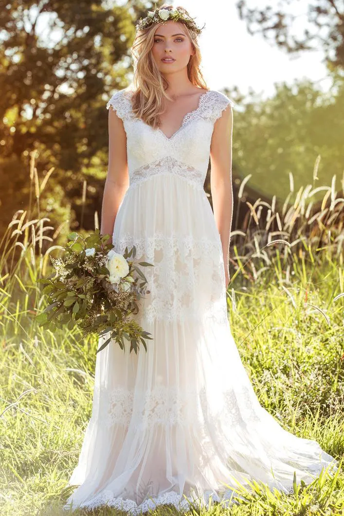 V-Neck Long Cap-Sleeve Appliqued Lace Tulle Wedding Dress sold by KissProm