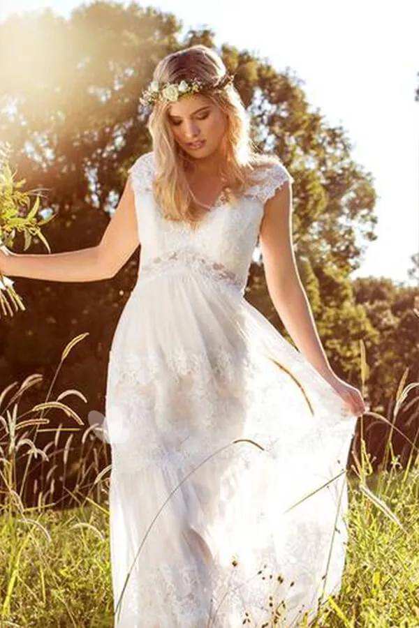V-Neck Long Cap-Sleeve Appliqued Lace Tulle Wedding Dress sold by KissProm product image thumbnail 4