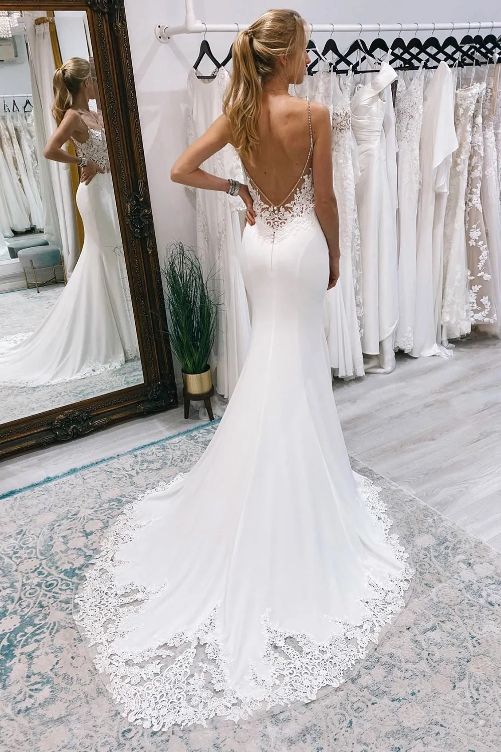 Elliot | White Mermaid Sweep Train Boho Long Mermaid Wedding Dress with Appliques sold by KissProm product image thumbnail 2