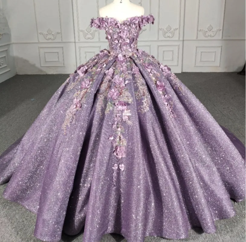 Purple Floral A Line Sequined Party Ball Gown sold by KissProm