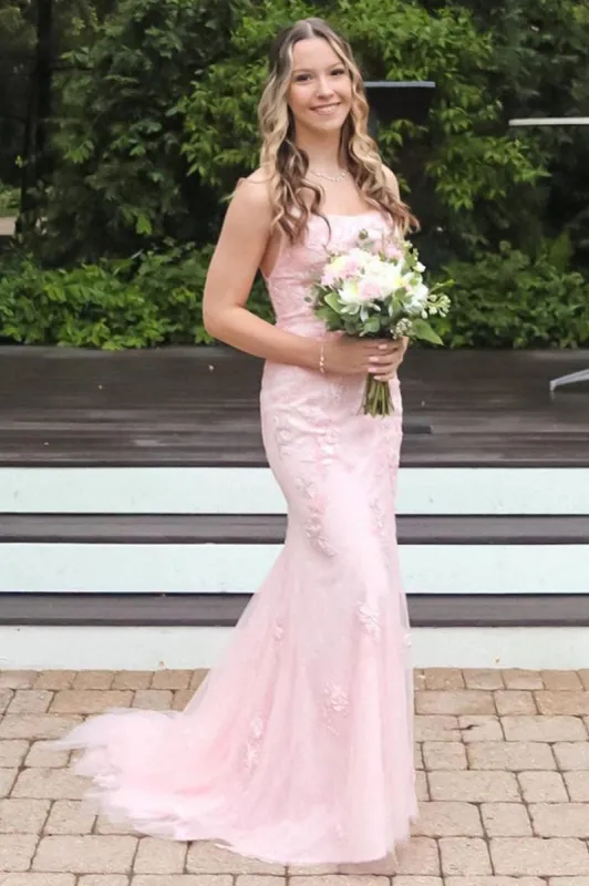 Pink Straps Mermaid Long Prom Dress with Appliques sold by KissProm