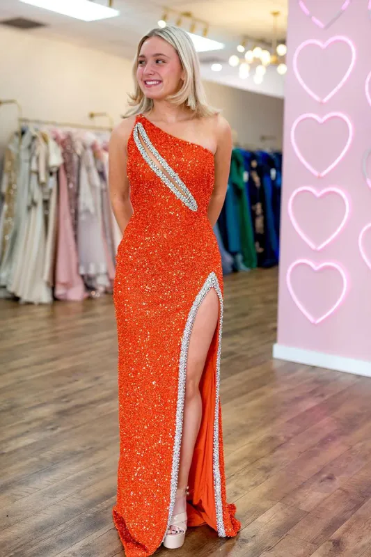 Orange One Sholder Sequins Mermaid Prom Dresses with Slit made by KissProm