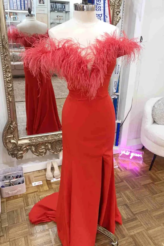 Vera | Plunging Neck Red Feather Long Formal Dress with Slit sold by KissProm