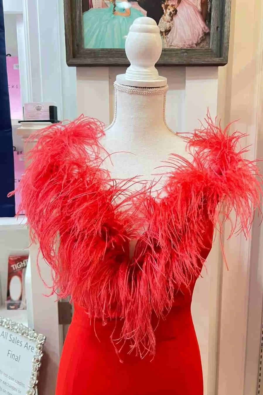 Vera | Plunging Neck Red Feather Long Formal Dress with Slit sold by KissProm product image thumbnail 2