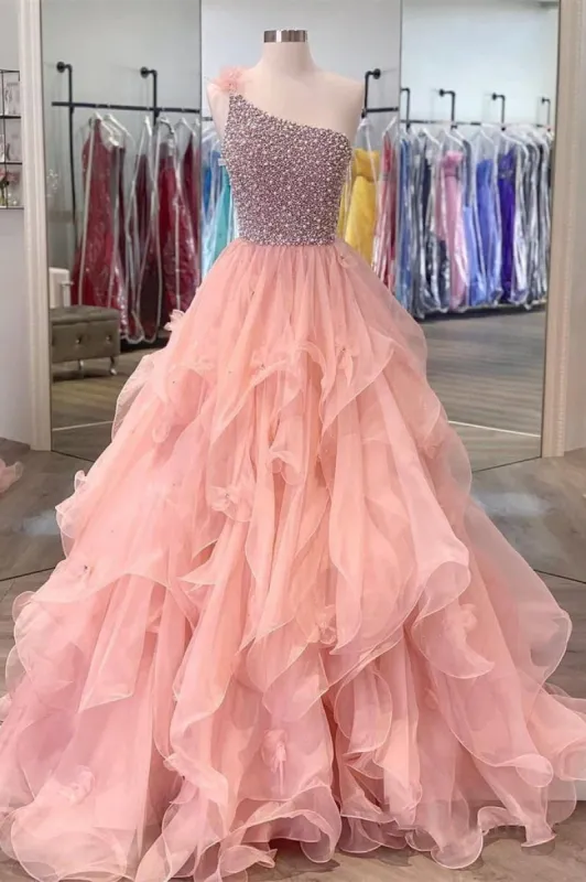 Quinceanera Dress Ball Gown Long Prom Dresses One Shoulder Zipper up Beads sold by KissProm