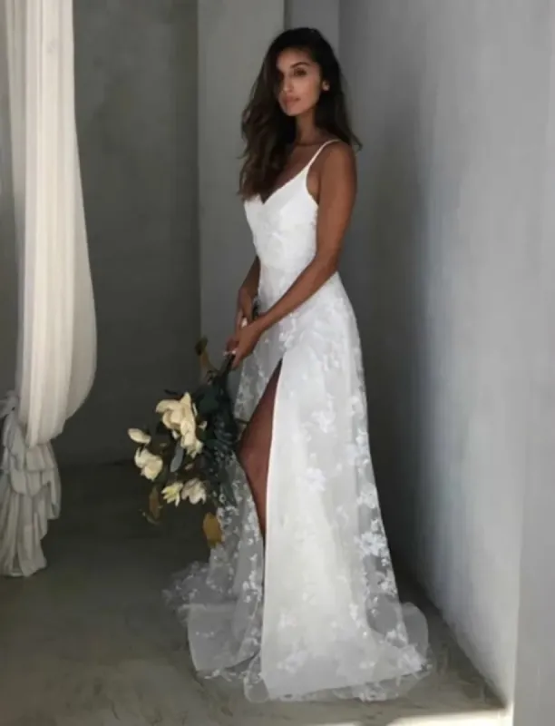 Beach V-Neck Sparkly Lace Wedding Dresses With Split Front sold by KissProm