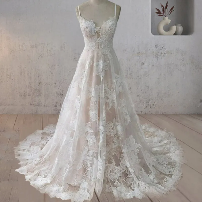 Boho White A-Line Lace Appliques Wedding Dress sold by KissProm